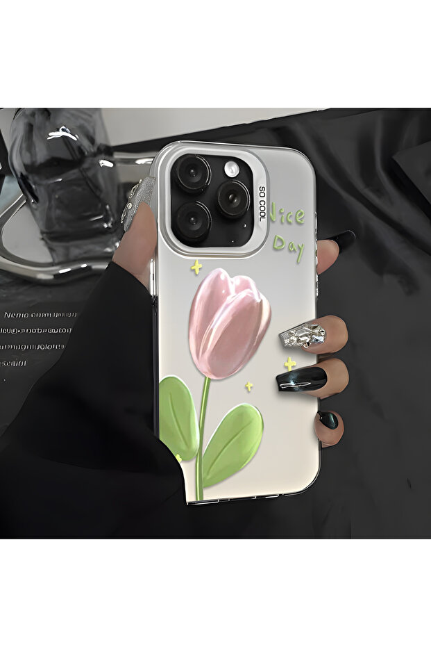 iPhone 15 Pro Max Compatible Silicone Edge Hard Back Anti-Fall Case Tulip Pattern - 6