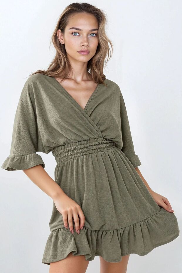 Dokulu V Yaka Gipeli Örme Mini Elbise - 2