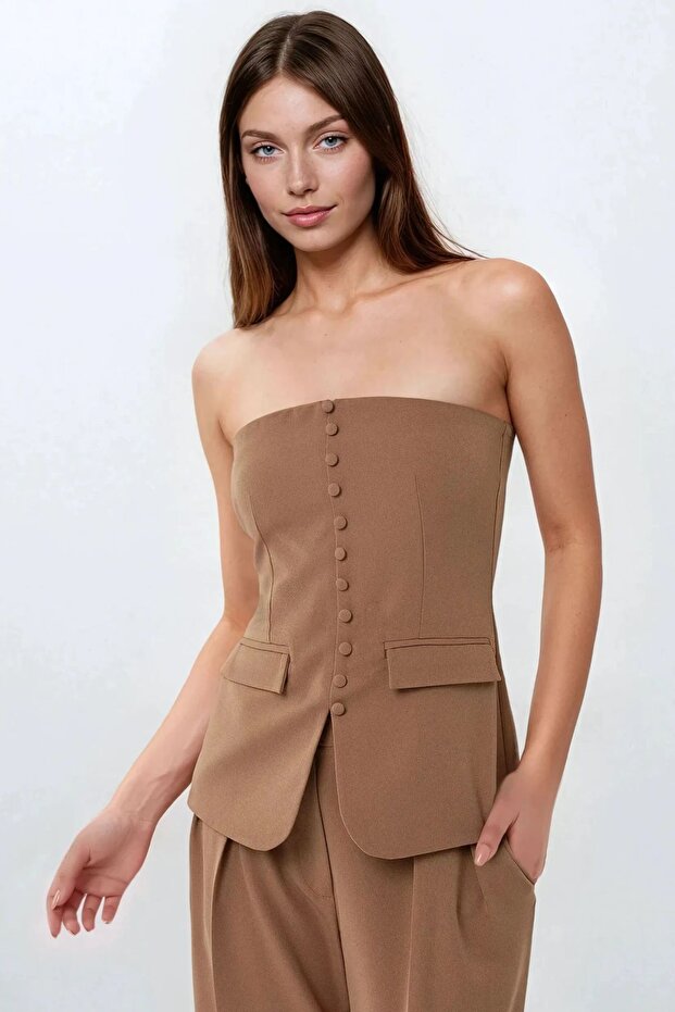 Straplez Önü Düğmeli Dokuma Üst - 1