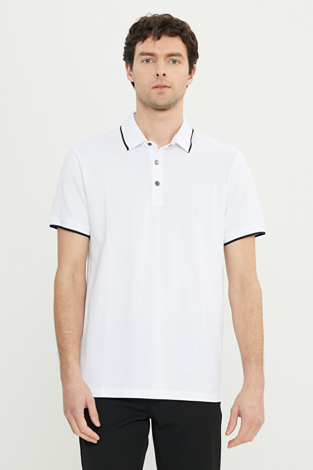 Men's White 100% Cotton Slim Fit Slim Fit Polo Collar Jacquard T-Shirt