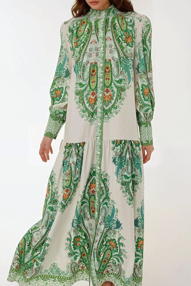 Baskılı Uzun Kol Maxi Elbise - 3