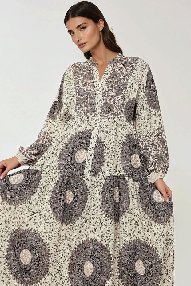 Baskılı Uzun Kol Viskon Modest Elbise - 5