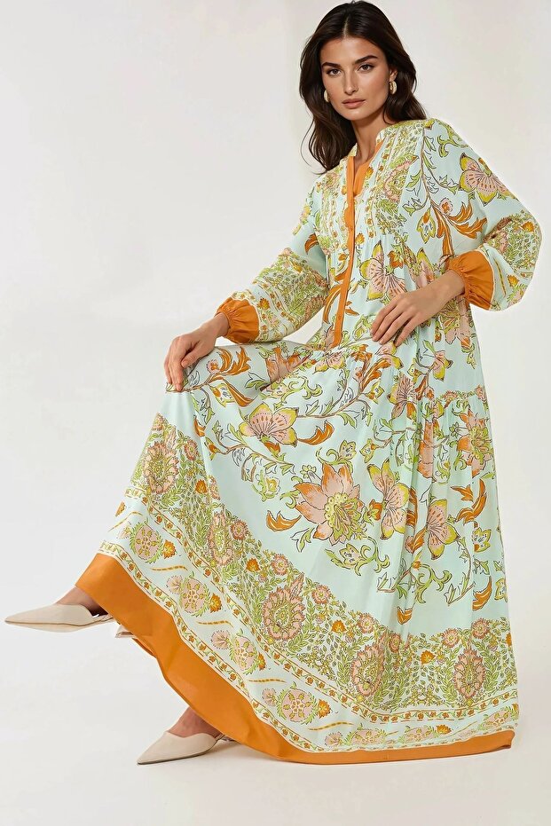 Baskılı Uzun Kol Viskon Modest Elbise - 1