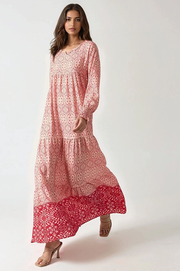 Baskılı Viskon Maxi Elbise - 5