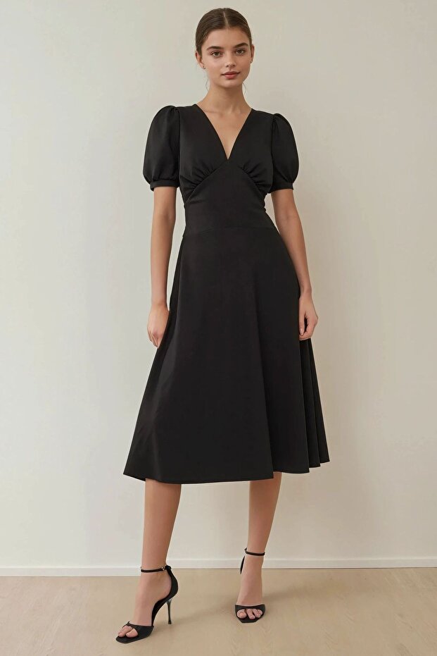 V-Yaka A-Form Krep Midi Elbise - 2