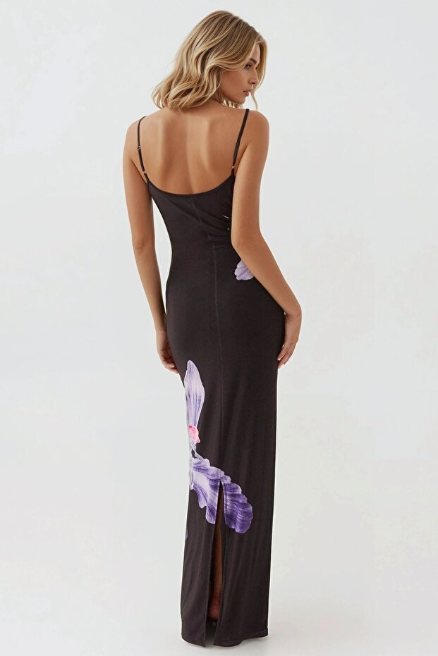 Askılı Çiçekli Bodycon Maxi Elbise - 4
