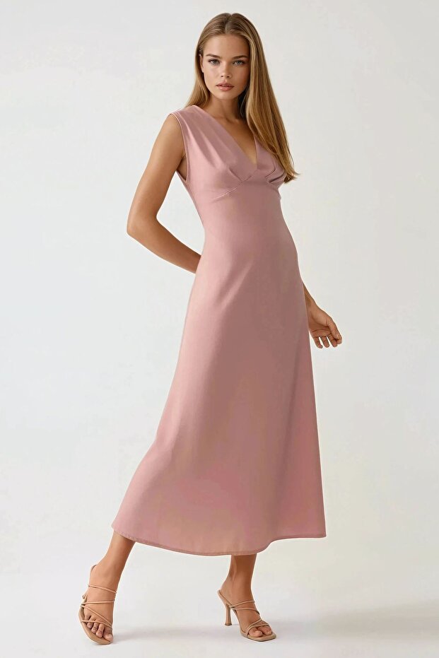 V Yaka A-Form Midi Elbise - 2