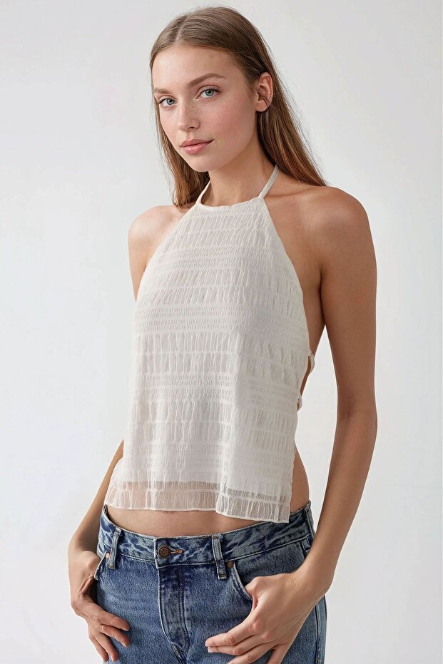 Halter Yaka Dokulu Fitted Üst - 2