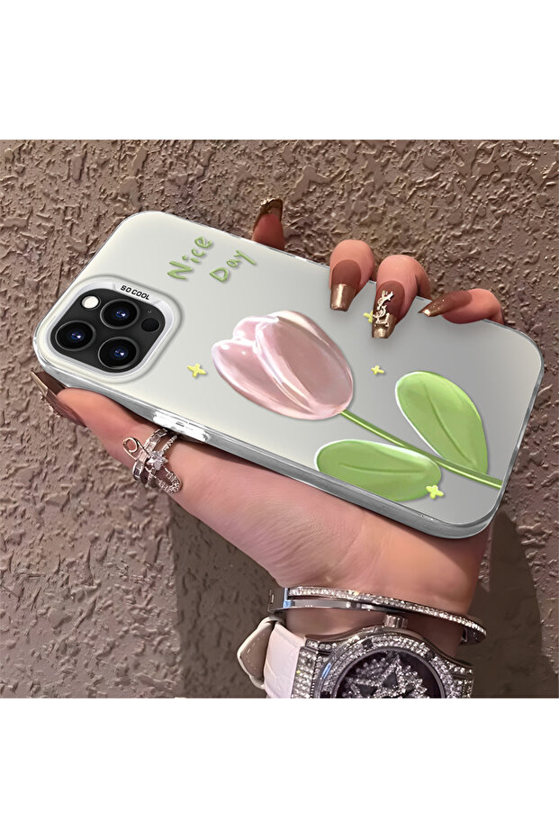 iPhone 15 Pro Max Compatible Silicone Edge Hard Back Anti-Fall Case Tulip Pattern - 3