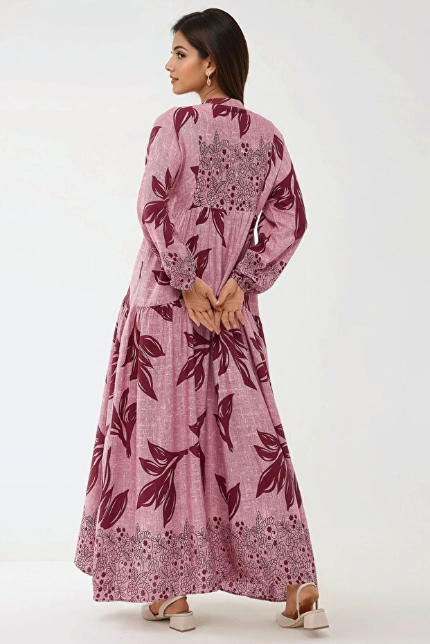 Baskılı Uzun Kol Viskon Modest Elbise - 4