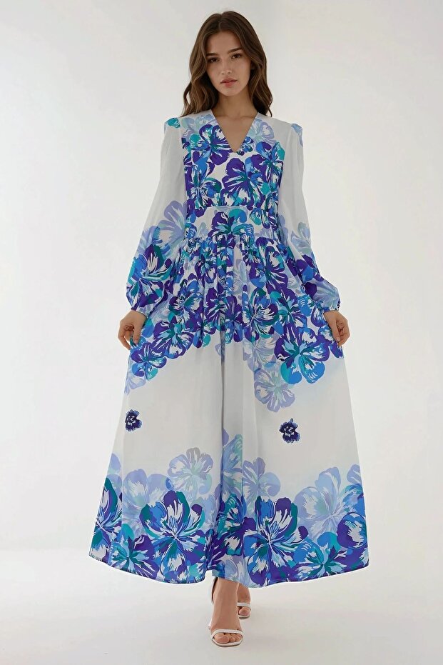 V Yaka Desenli Modest Elbise - 7