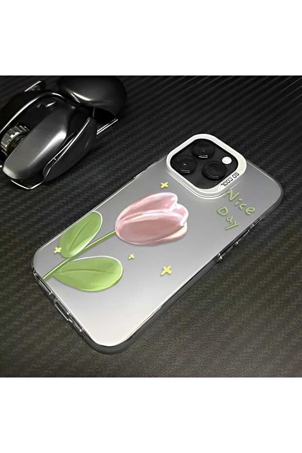 iPhone 15 Pro Max Compatible Silicone Edge Hard Back Anti-Fall Case Tulip Pattern - 7
