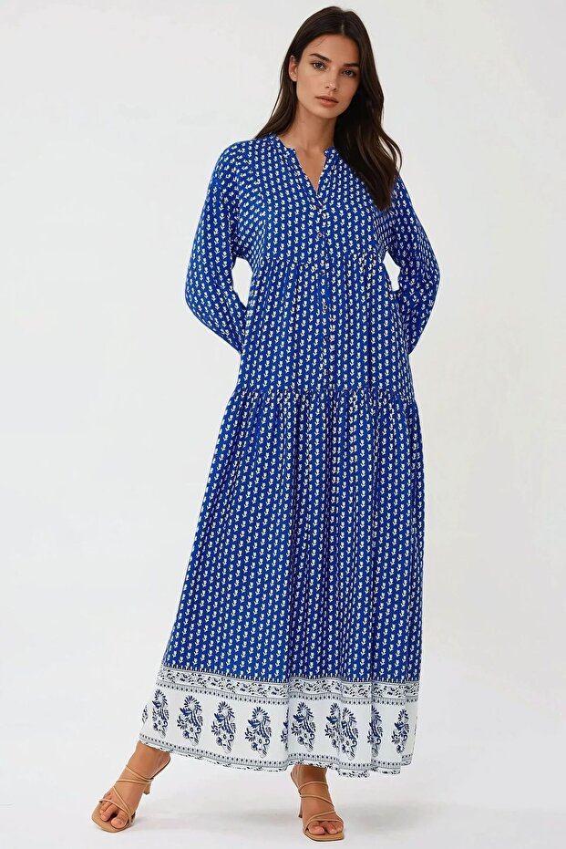 Desenli V Yaka Modest Elbise - 4