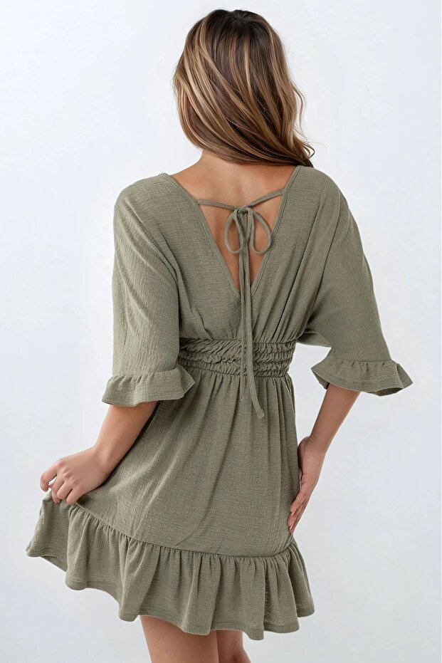 Dokulu V Yaka Gipeli Örme Mini Elbise - 7