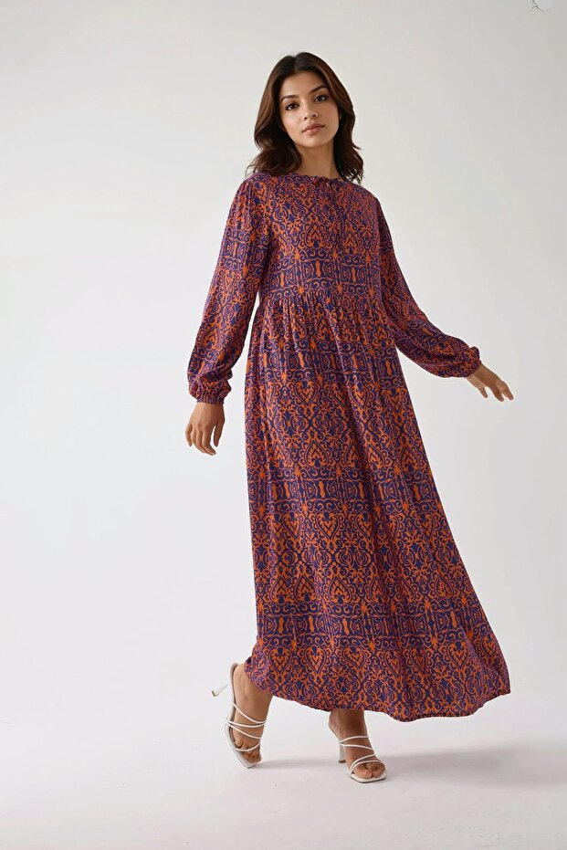 Baskılı A-form Modest Elbise, Bisiklet Yaka - 3