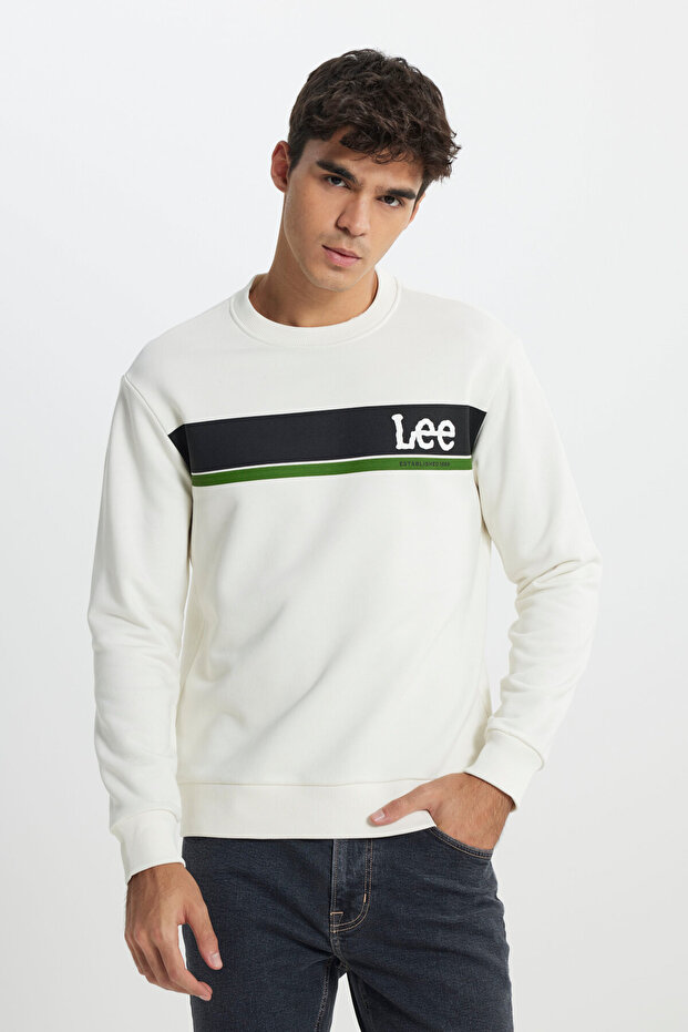 Regular Fit Regular Cut Crew Neck Off White Sweatshirt
