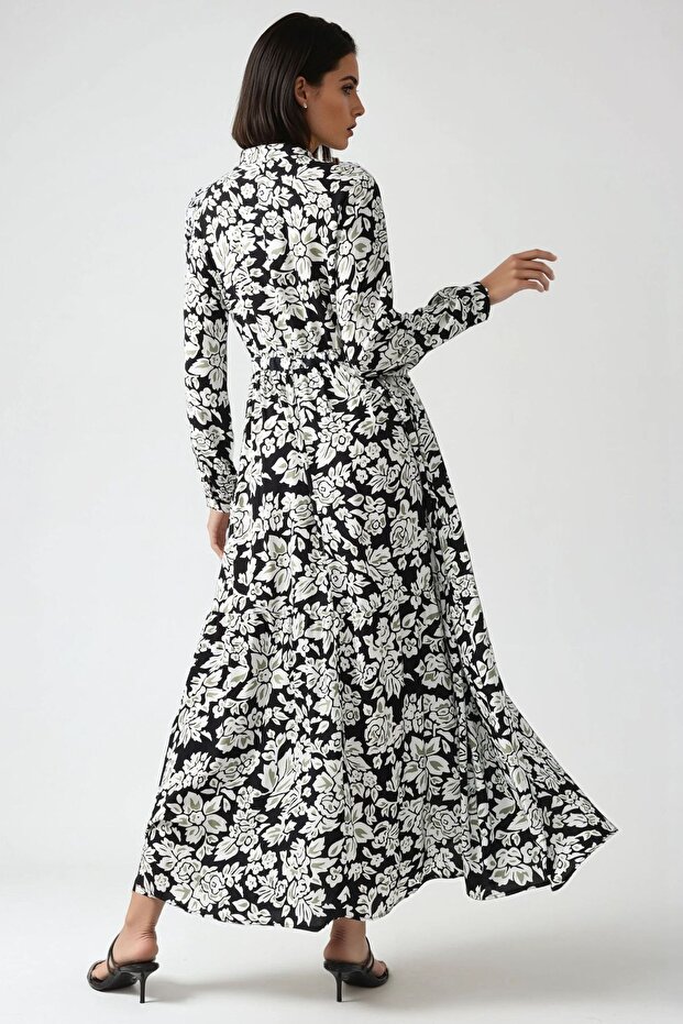 Gömlek Yaka Baskılı Maxi Elbise - 6