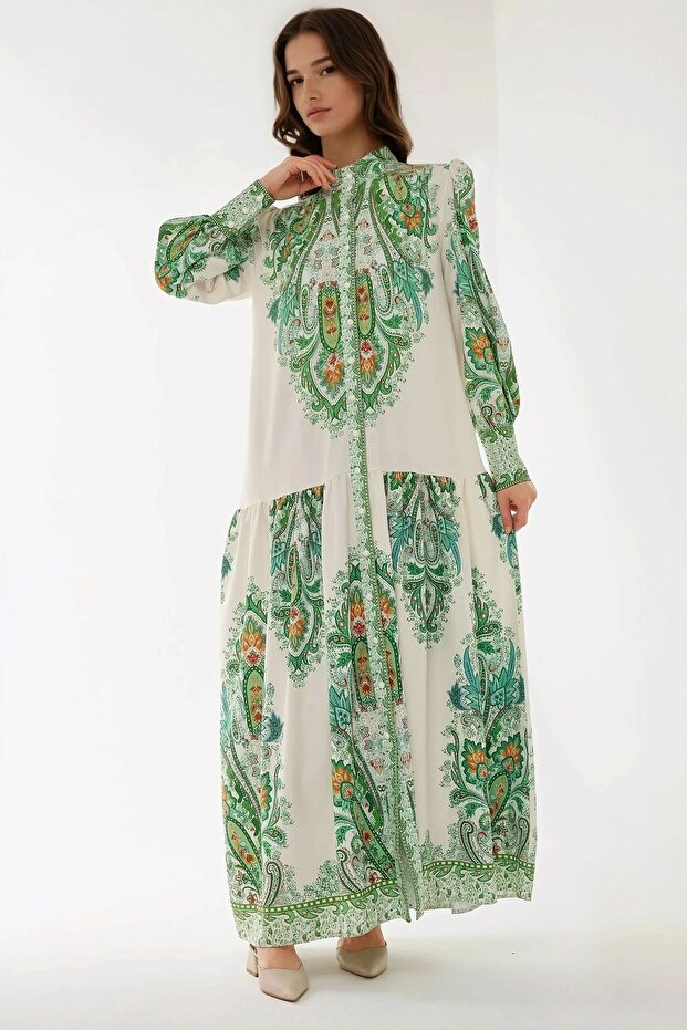 Baskılı Uzun Kol Maxi Elbise - 4