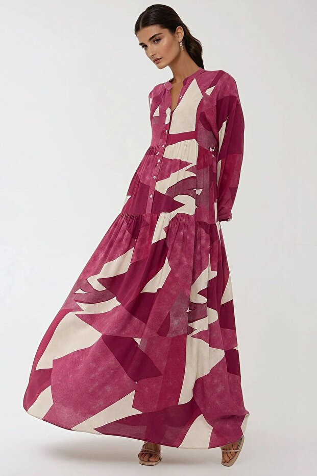 Rochie maxi din viscoză cu mânecă lungă și imprimeu - 3