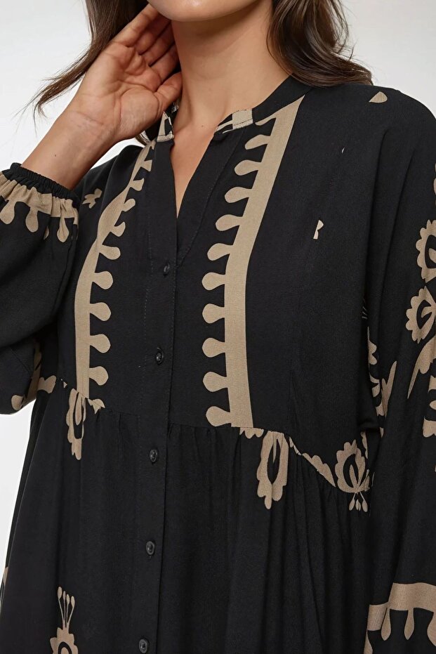 Baskılı Uzun Kol Viskon Modest Elbise - 5