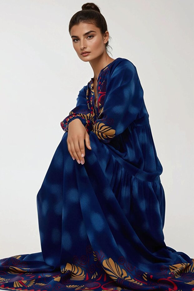 Baskılı Uzun Kol Viskon Modest Elbise - 2