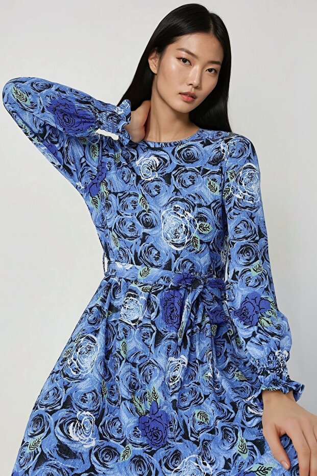 Çiçek Desenli Uzun Kol Örme Modest Elbise - 3