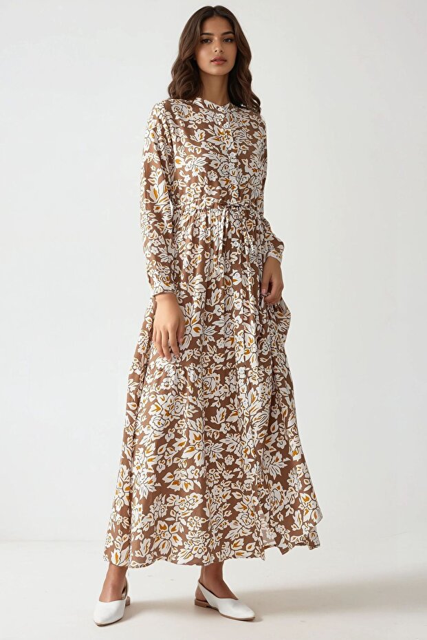 Gömlek Yaka Baskılı Maxi Elbise - 5