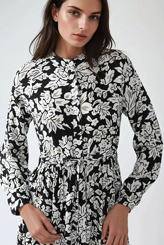 Gömlek Yaka Baskılı Maxi Elbise - 4