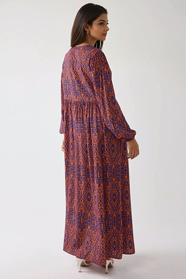 Baskılı A-form Modest Elbise, Bisiklet Yaka - 5