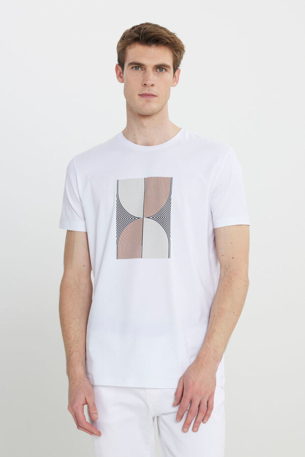 Men's White Slim Fit Slim Fit Cotton Flexible Printed Crew Neck T-Shirt