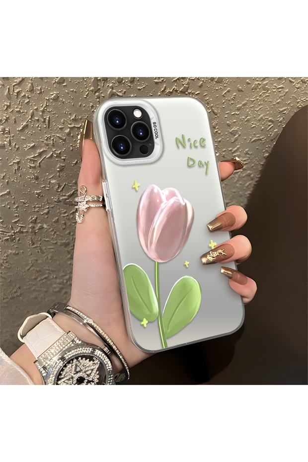 iPhone 15 Pro Max Compatible Silicone Edge Hard Back Anti-Fall Case Tulip Pattern - 5
