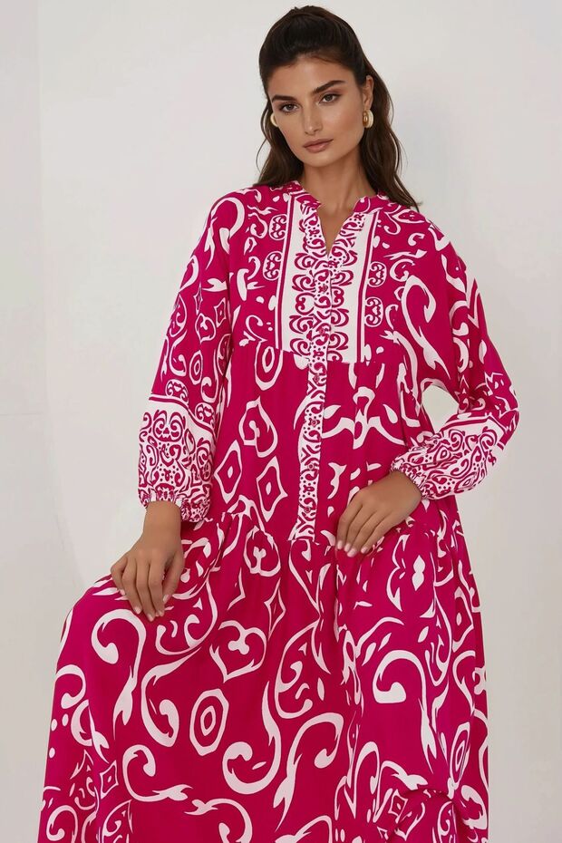 Baskılı Uzun Kol Viskon Modest Elbise - 4