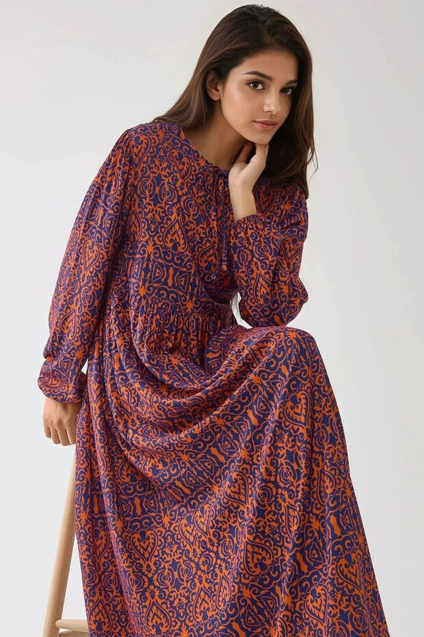 Baskılı A-form Modest Elbise, Bisiklet Yaka - 4