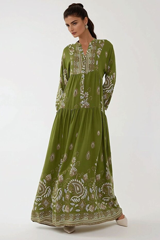 Baskılı Uzun Kol Viskon Modest Elbise - 4