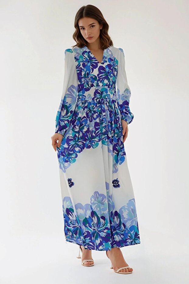 V Yaka Desenli Modest Elbise - 5