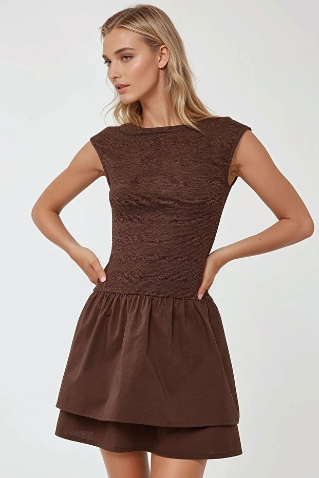 Dokulu Kolsuz Mini Elbise - 1