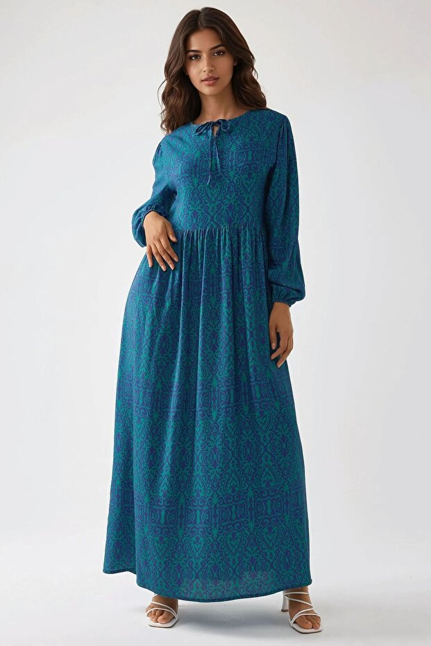 Baskılı A-form Modest Elbise, Bisiklet Yaka - 1