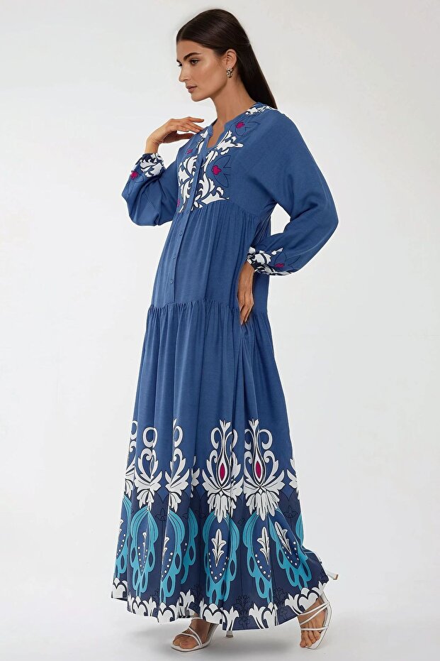 Baskılı Uzun Kol Viskon Modest Elbise - 3