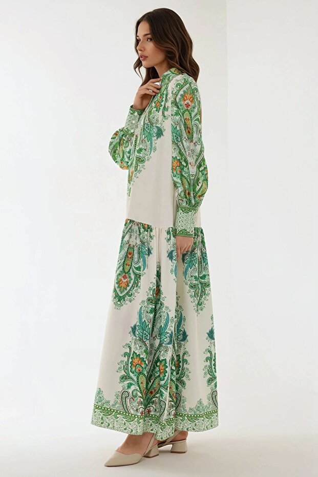 Baskılı Uzun Kol Maxi Elbise - 5