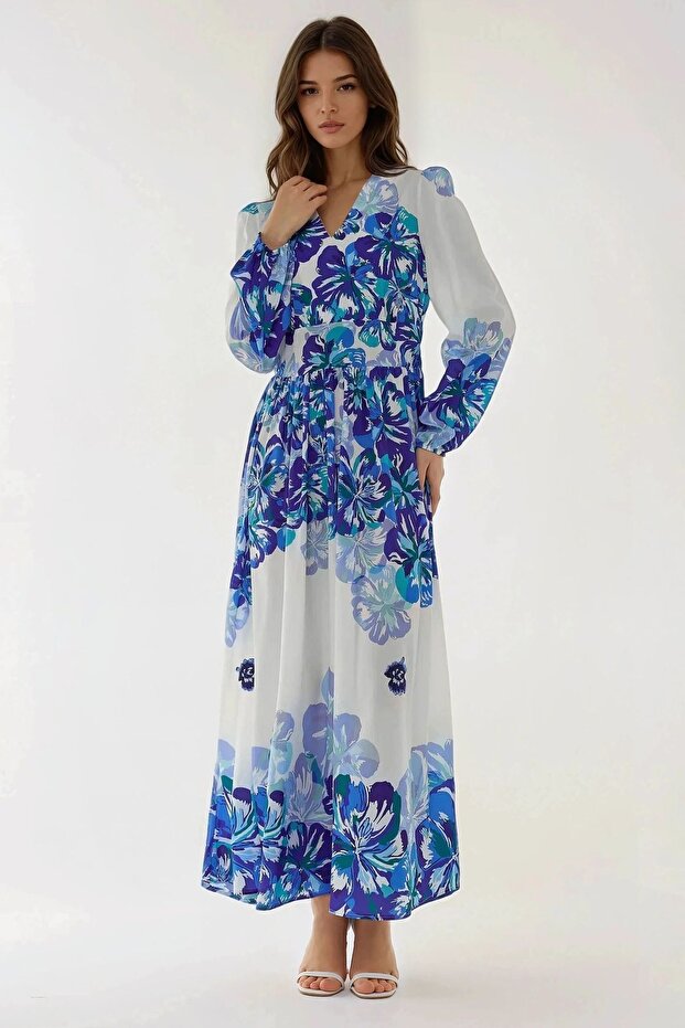 V Yaka Desenli Modest Elbise - 6