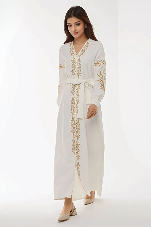 Nakış Işlemeli V Yaka Modest Elbise - 5