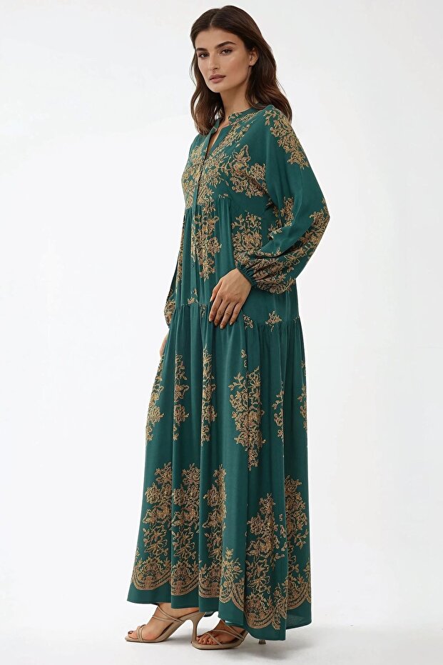 Baskılı Uzun Kol Viskon Modest Elbise - 3