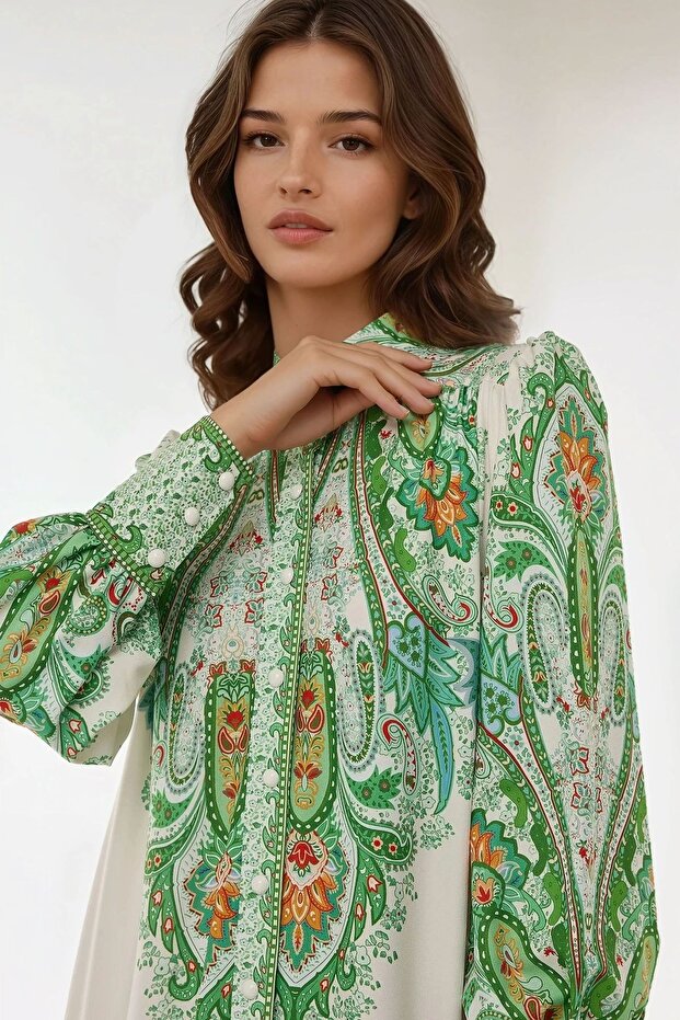 Baskılı Uzun Kol Maxi Elbise - 2