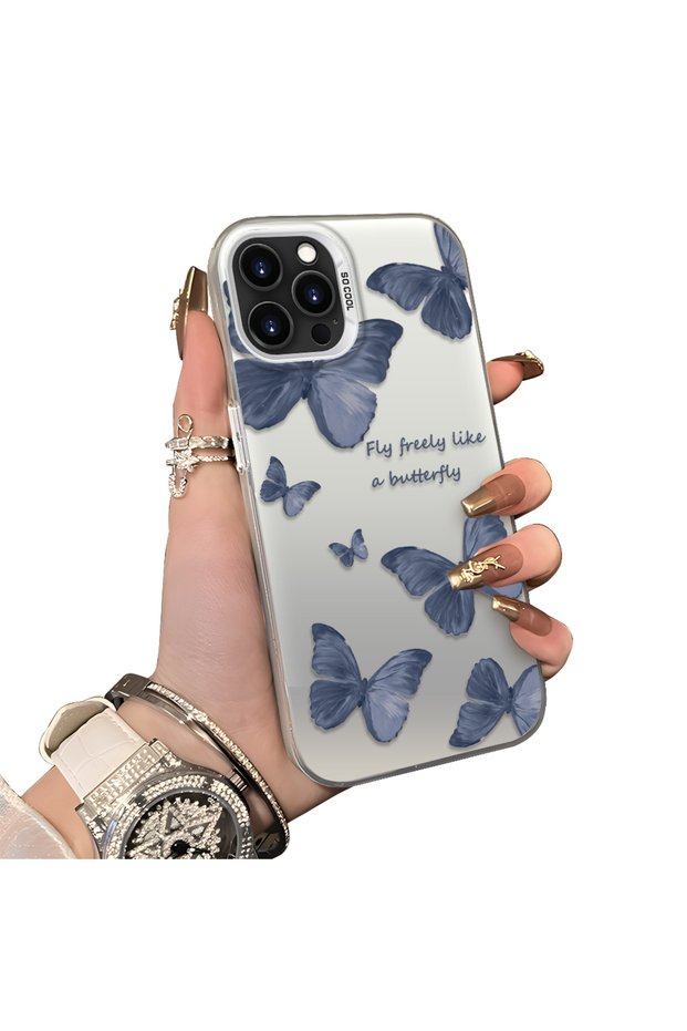 iPhone 14 Pro Max Compatible Hard Acrylic Back Silicone Edge Lens Protection Butterfly Case