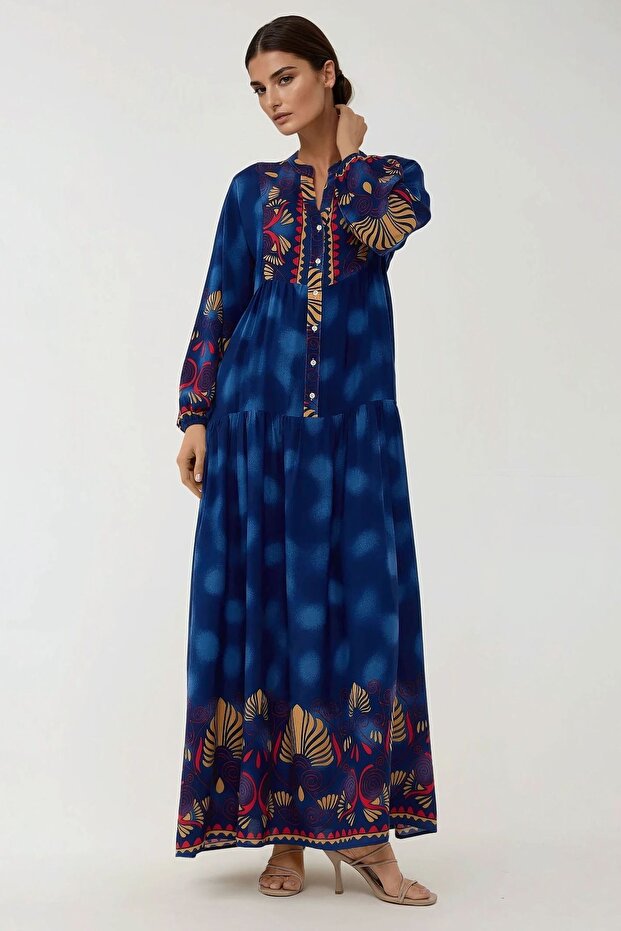 Baskılı Uzun Kol Viskon Modest Elbise - 7