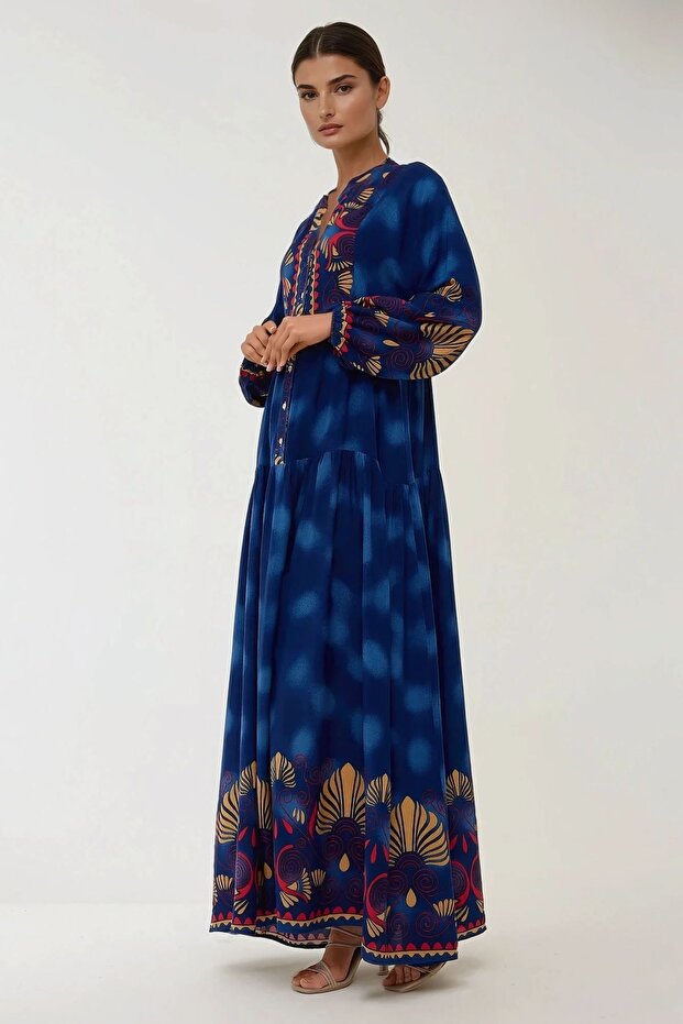 Baskılı Uzun Kol Viskon Modest Elbise - 4