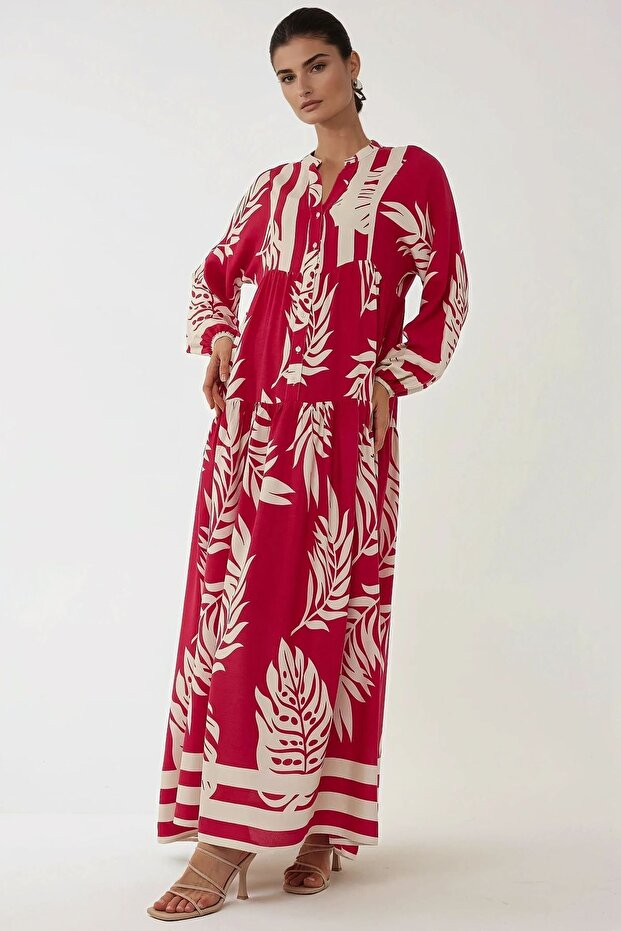 Baskılı Uzun Kol Viskon Modest Elbise - 6