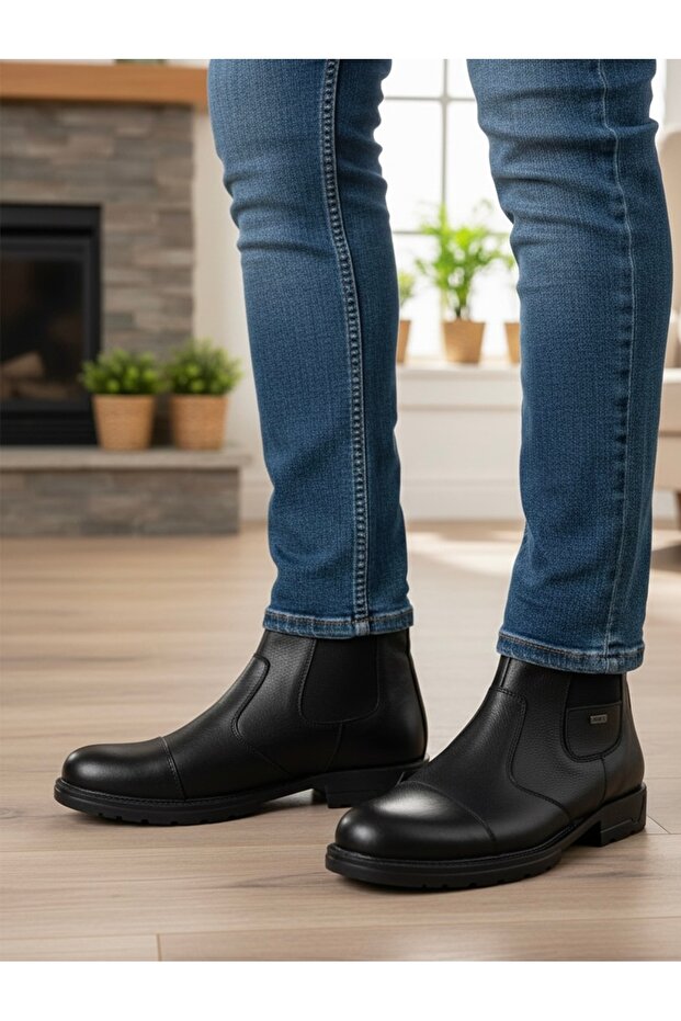 Men's Black Genuine Leather Boots with Fur Inside, Zipper and Non-Slip Sole