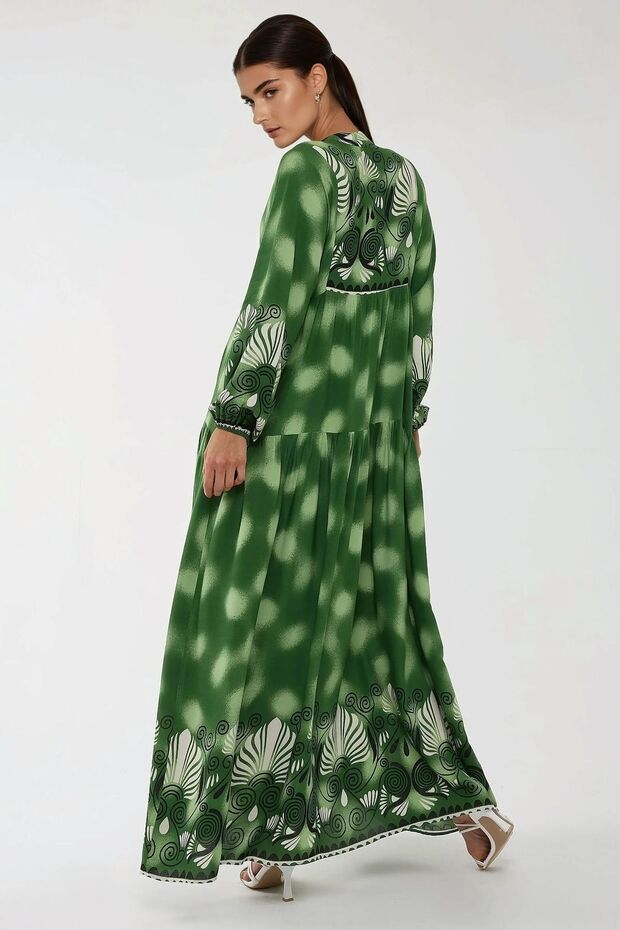 Baskılı Uzun Kol Viskon Modest Elbise - 5