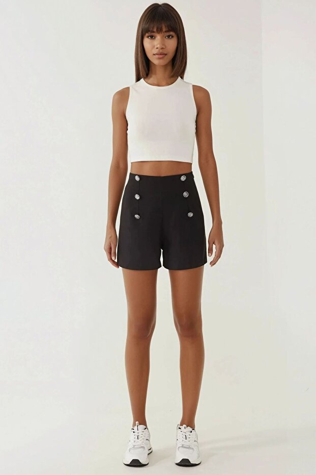 Düğmeli Yüksek Bel Şort - 3